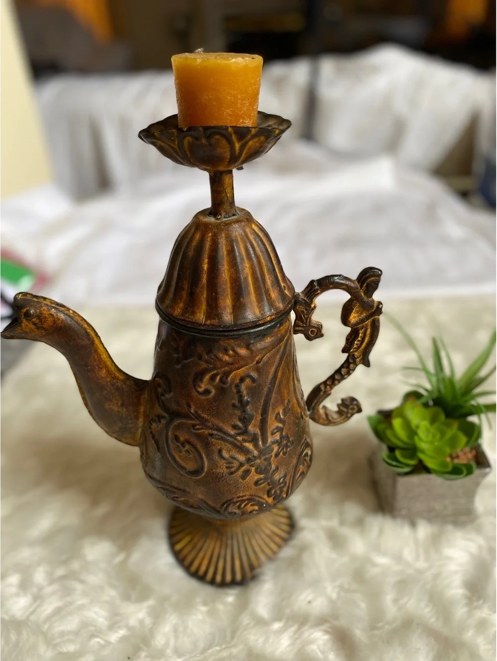 Vintage Ornate Metal Teapot Candle Holder Decorative Handle